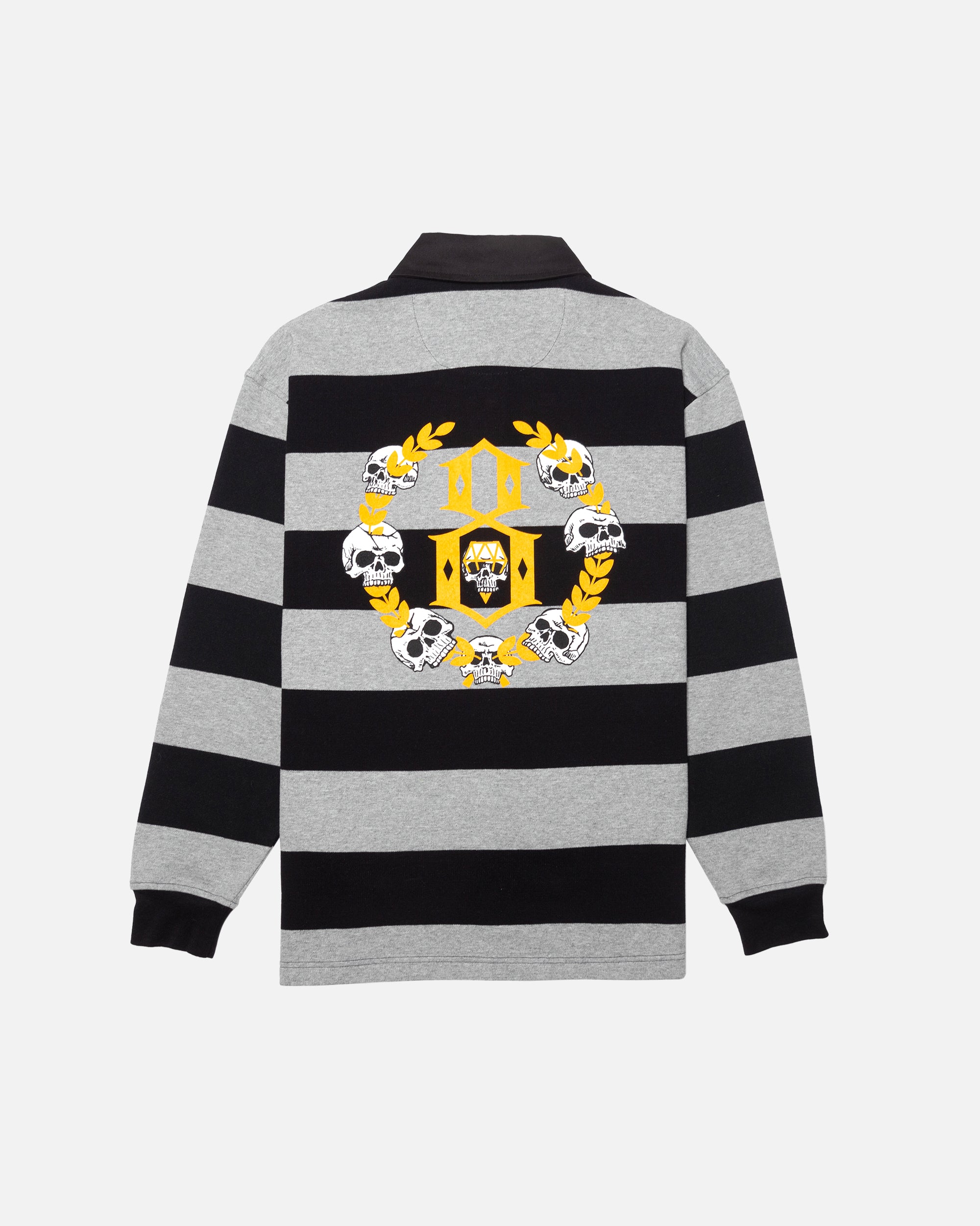 Rugby shirt with black and grey horizontal stripes and skulls with laurels screen printed in yellow on back